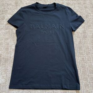 BALMAIN PARIS Raised Logo Short Sleeve Shirt Mens S Black Cotton Crew Neck